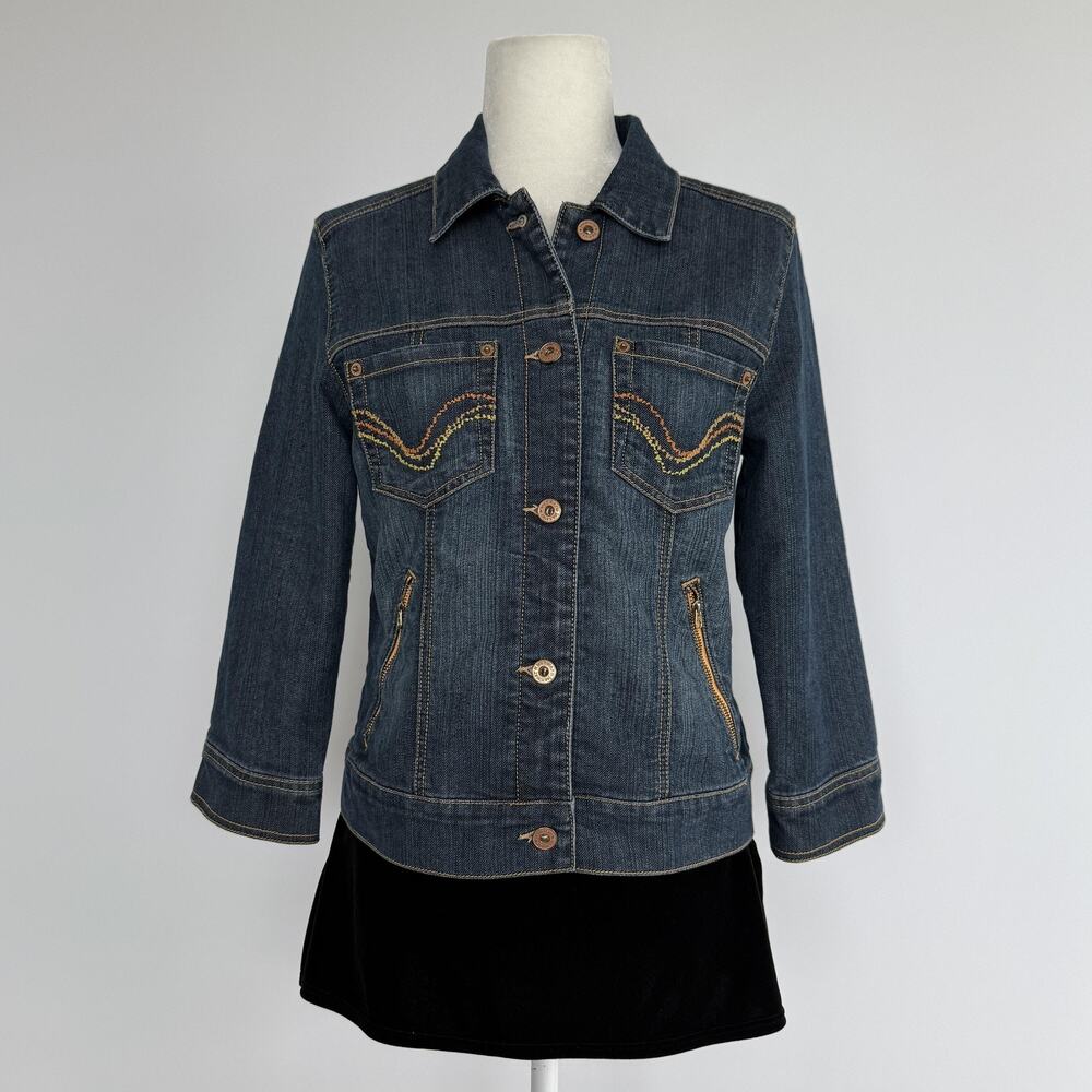 Jeanstar Denim Jacket Womens Medium Blue Lined Embroidered Zip Pocket 3/4 Sleeve